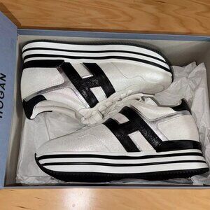 NEW Hogan Midi Platform H483 Silver/White Black Women's Trainer Sneakers Sz 38